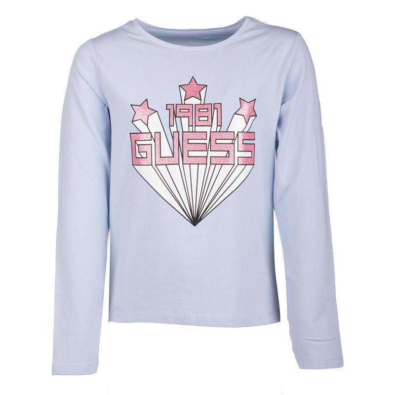 

Голубая детская футболка с длинными рукавами и блестящим логотипом GUESS