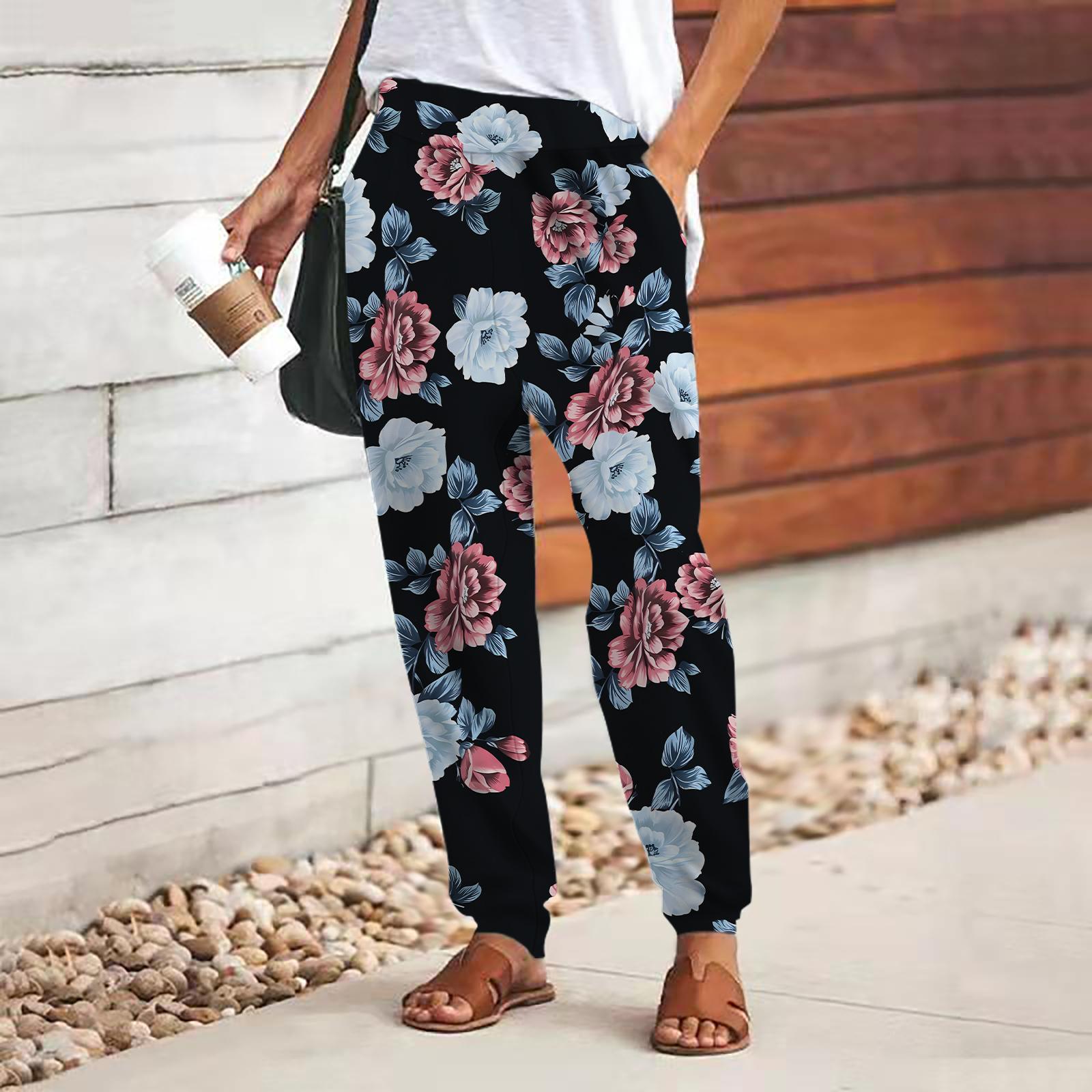 

Женские брюки с принтом розовых цветов 3D, свободные брюки со шнуровкой и эластичным поясом, повседневные длинные брюки с карманами 6XL чёрный