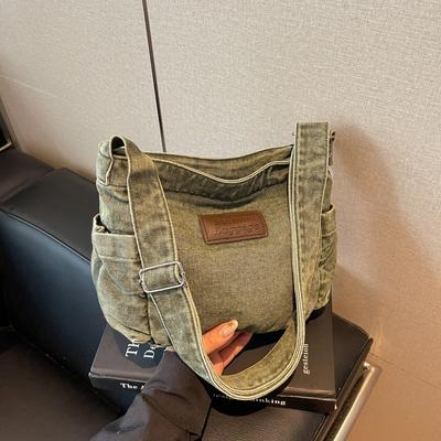 Retro Denim Crossbody Bag with Side Pockets Adjustable Strap Casual Shoulder Purse for Daily Travel