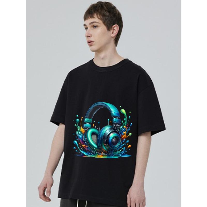 Black T Shirt with Colorful Headphones Splash Design for Music Lovers and Casual Wear