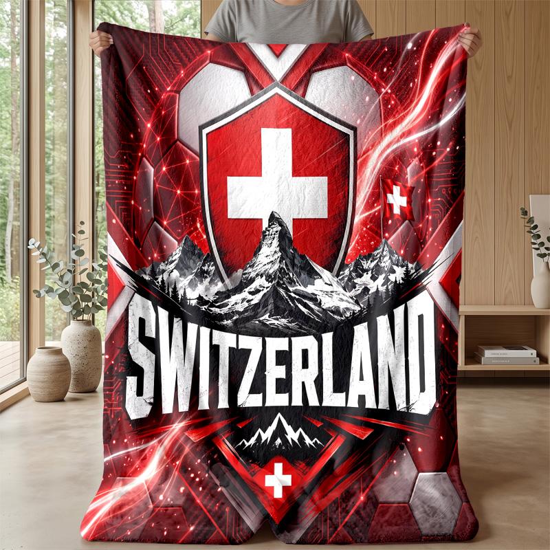 Coperta in Flanella Stampata Calda e Morbida per Calcio Svizzero, Amica della Pelle, Decorativa per Divano, Letto, Uso Quotidiano