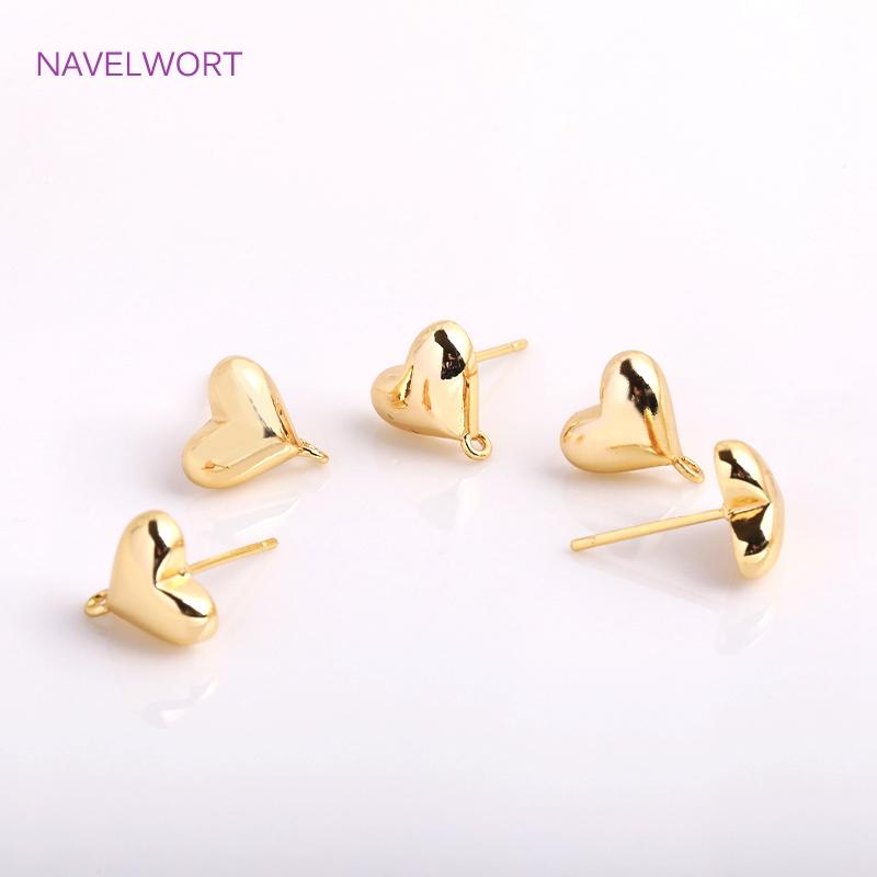 Trendy Brass Metal Love Stud Earring 14K Gold Plated Smooth Heart Post Earring With 2.5mm Open Jump Ring,Components Wholesale