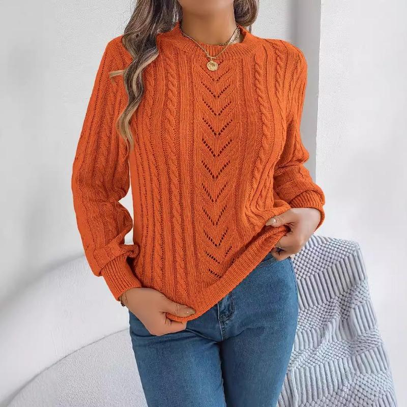Women Autumn Winter Casual Solid Color Hollow Out Lantern Sleeve Pullover Sweater