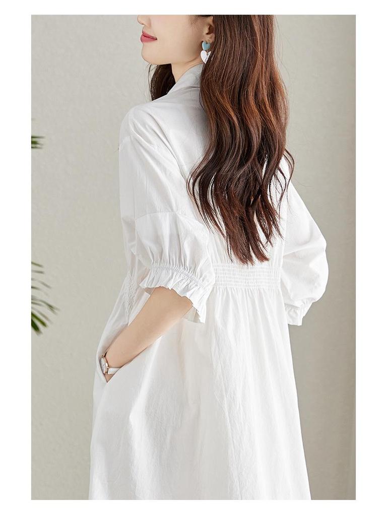 Women's Asymmetrical Pleated Shirt Dress with Waist-Slimming Design and Lantern Sleeves