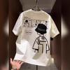 2026 Summer American Street Style White Crew Neck Figure Print Slimming T-shirt