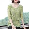 Lace Shirt Top Women's Three-quarter Sleeve Summer Hollow Large Size Mid Length Lace Blouse Solid Color Mesh Top