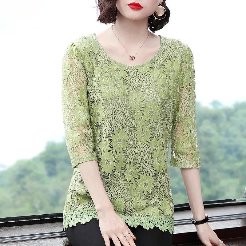 Lace Shirt Top Women's Three-quarter Sleeve Summer Hollow Large Size Mid Length Lace Blouse Solid Color Mesh Top