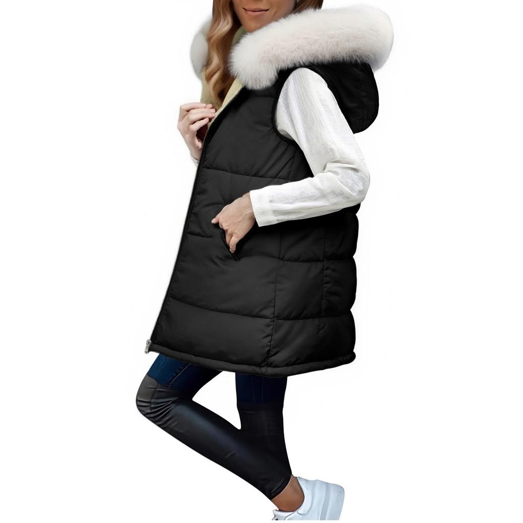 Women's Long Vest Plain Sleeveless Hood Winter Vest Outwear Jacket Lightweight Warm Coat Outerwear