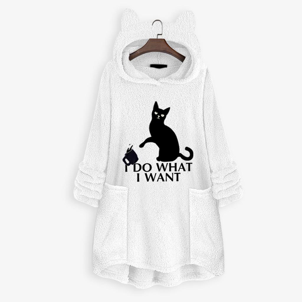 Women Fleece Embroidery Cat Ear Plus Size Hoodie Pocket Top Sweater Blouse