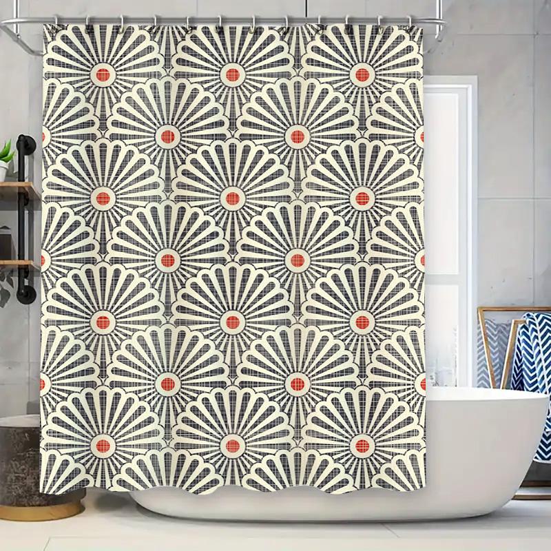 

Black White Red Bath Shower Curtain with Sunburst Floral Pattern Decorative Waterproof Washable for Home Bathroom Accessories De 90x180cm