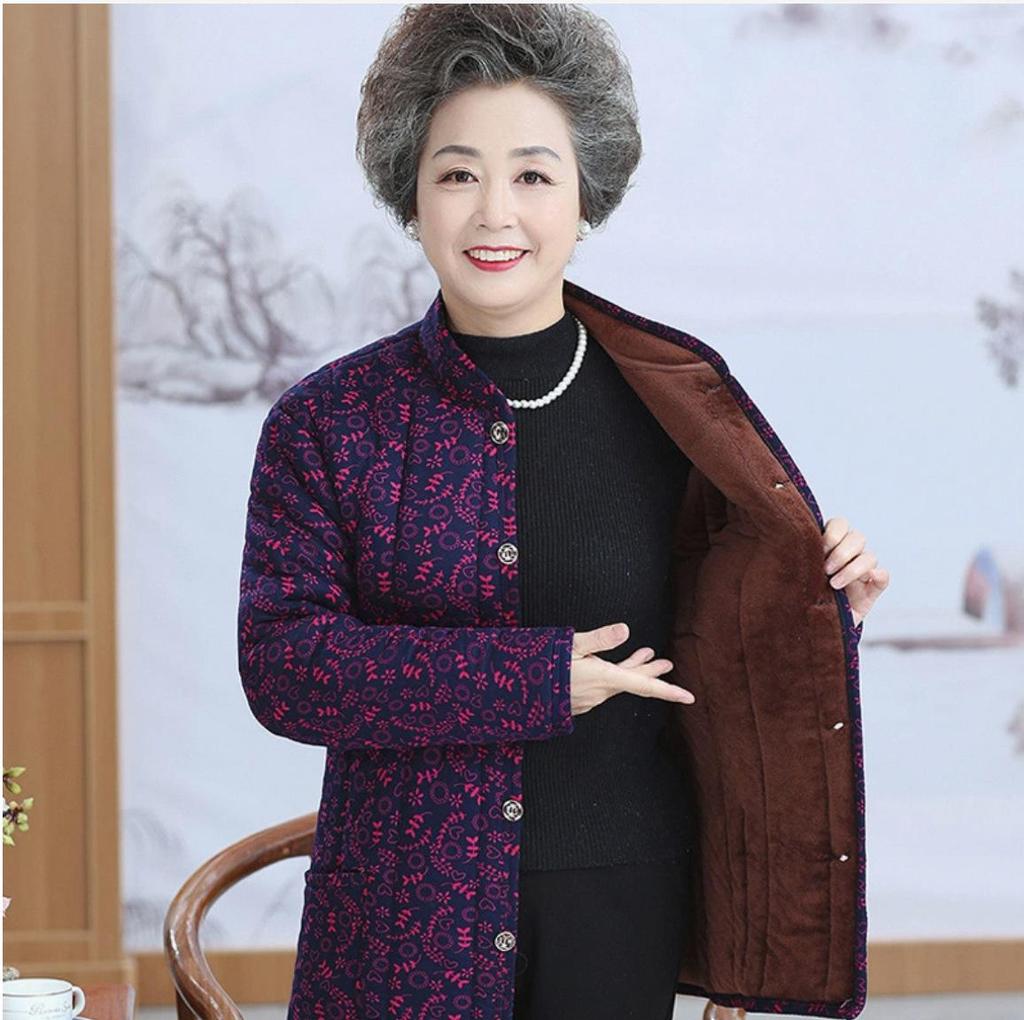 Floral Padded Winter Jacket for Moms - Fleece-Lined Cotton Coat for Middle-Aged and Elderly Women