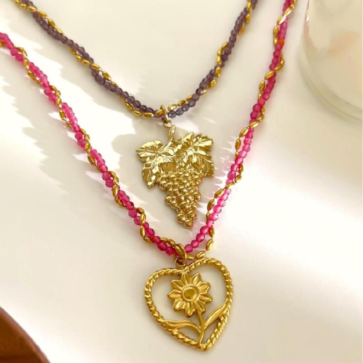 Modern Stainless Steel Necklace with Heart Flower/Grape Charm Crystal Beads Adjustable Closure Neckchain Accessory
