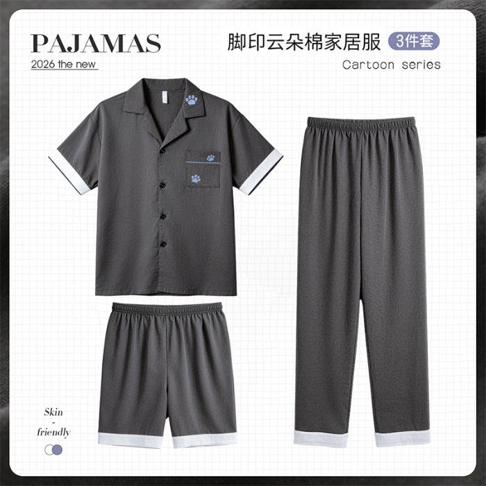 

[Cloud cotton] Footprint couple pajamas men s and women s summer cloud cotton three-piece set short-sleeved trousers cardigan loungewear XXXL