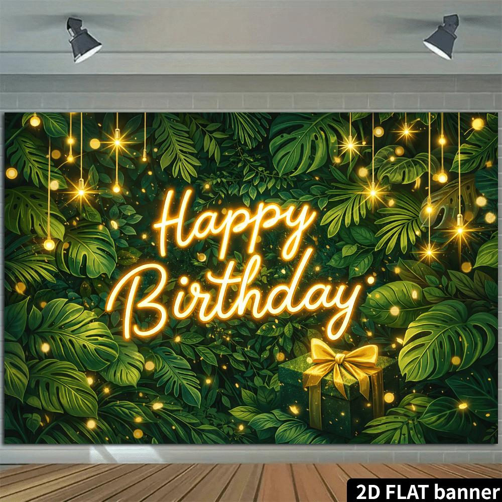 2D Vlak 1 Stuk 2D Vlak Banner Fijne Verjaardag Thema Decor Achtergrond Groen Tropisch Patroon Gouden Lichten Groene Cadeaubox Gouden Vlinder Voor