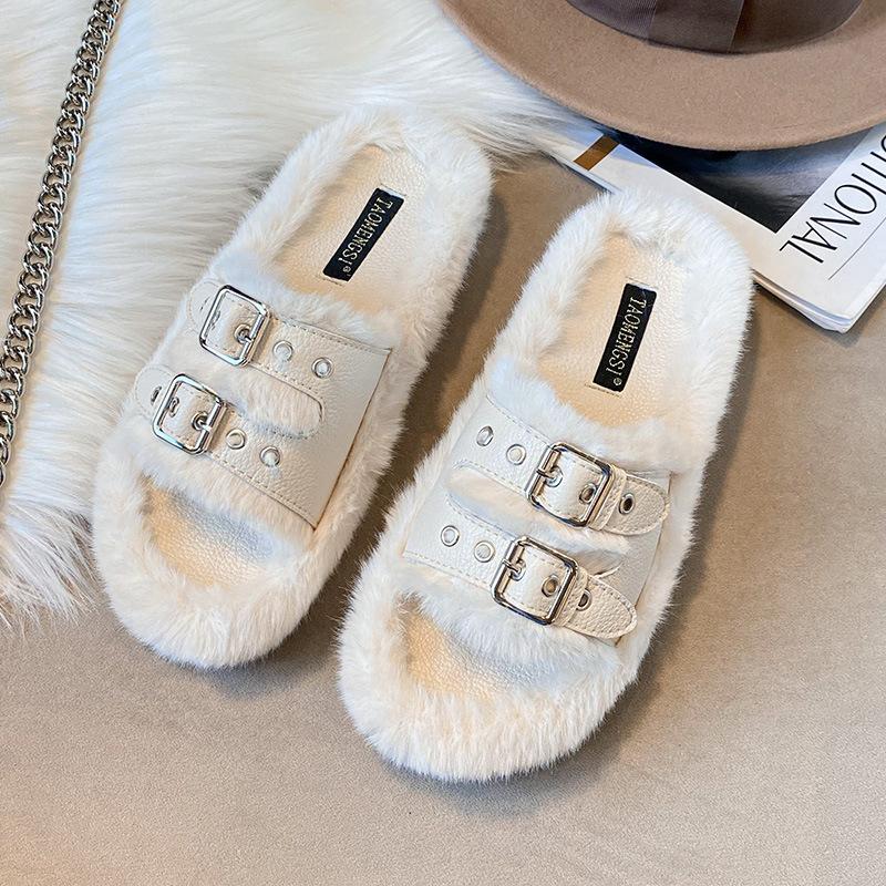 TX-4 Double-breasted Flat Bottom Home Thick Bottom Fluffy Outer Wear Fluffy Slippers Women's Autumn and Winter~