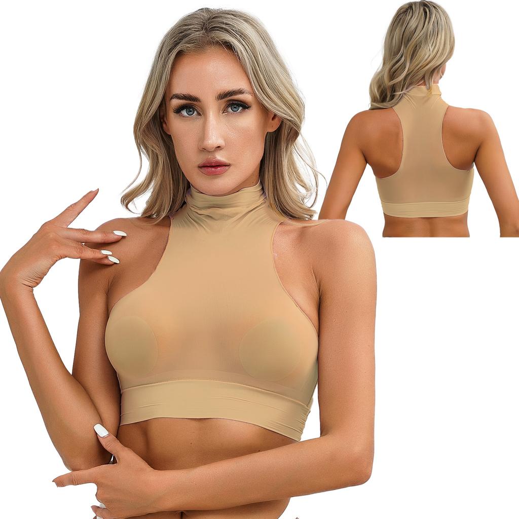 Womens Mock Neck Sleeveless Sheer Crop Top Glossy See Through Vest