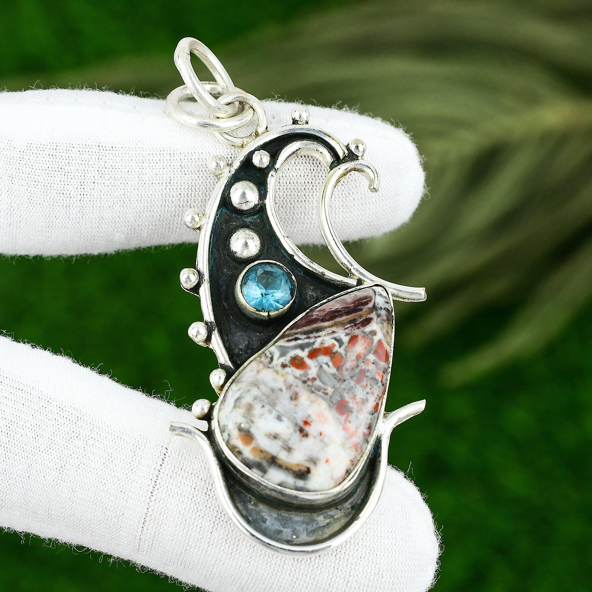 Sterling Silver Pear Natural Rainbow Jasper Blue Topaz Bezel New Pendant Jewelry
