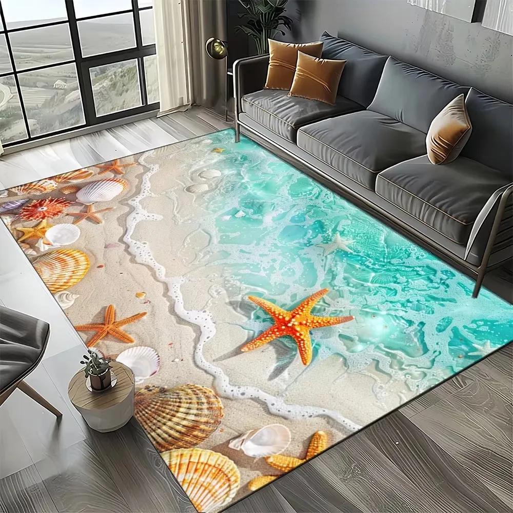 Starfish Beach Shell Sand Pattern Area Rug Coastal Ocean Carpet for Living Room Bedroom Kids Play Room Non-Slip Floor Mat
