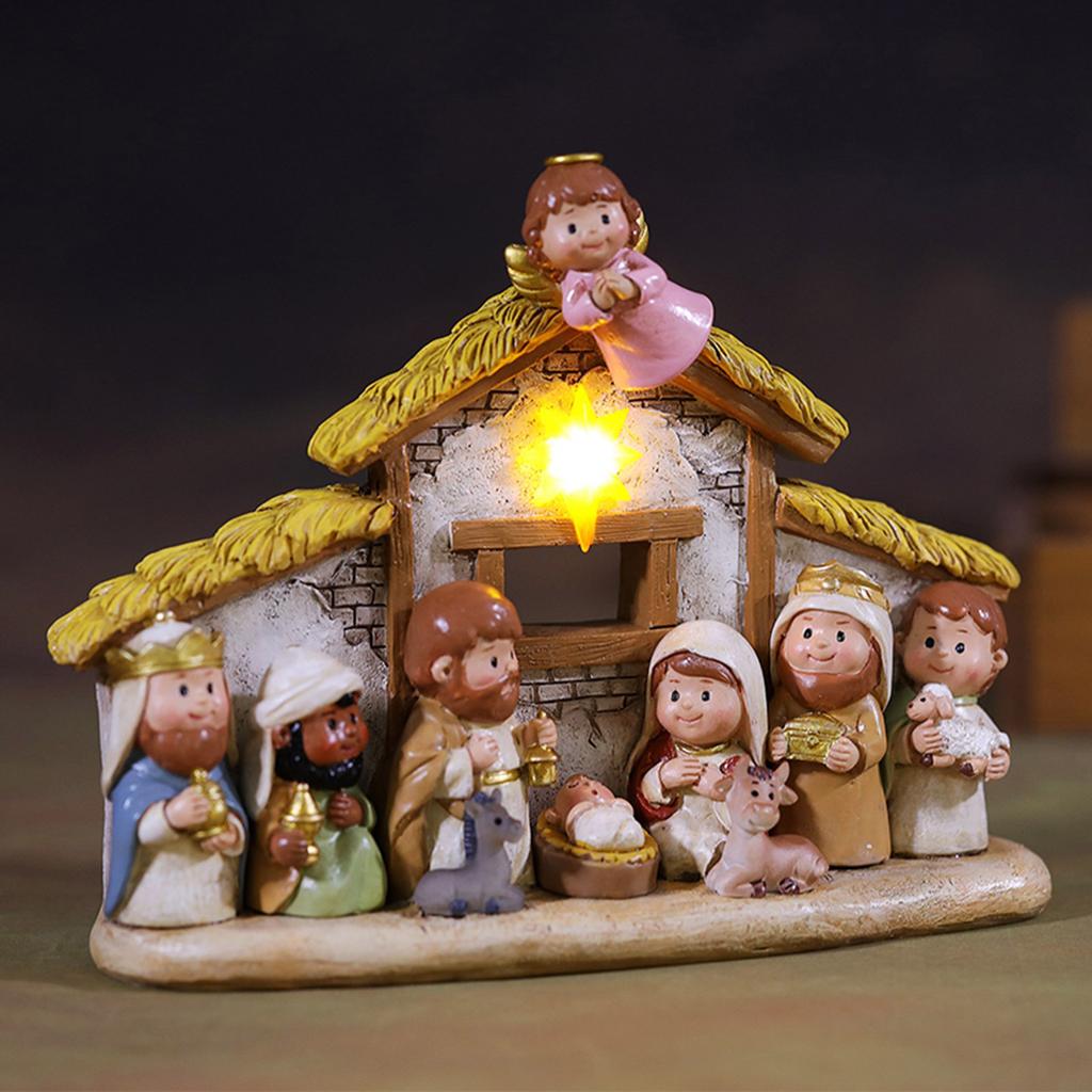 Miniature Nativity Playsets for Christmas Resin Figures Nativity Scene with LED Light Indoor Christian Faith Display