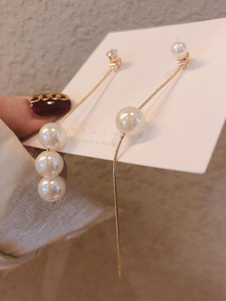 Fashion Bright Diamond Pearl Earrings Asymmetrical Long Earrings Show Face Thin Earline Women