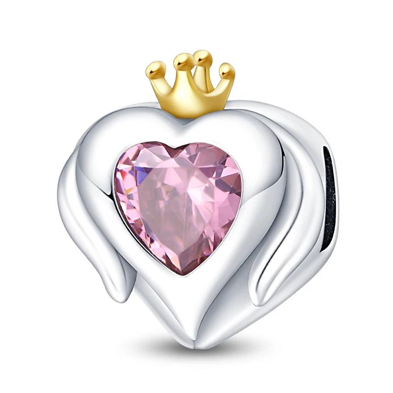 Genuine Charm Sunflower Heart Pink Zircon Crown Birthstone Bead Copper Fits Bracelets Jewellery WomanS Birthday Present DoItYourself