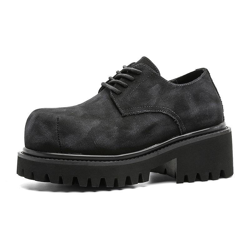 New  Men's Washed Denim Casual Shoes Increased Height Big Head Leather Shoes Spring Autumn Pure Color Adult Shoes