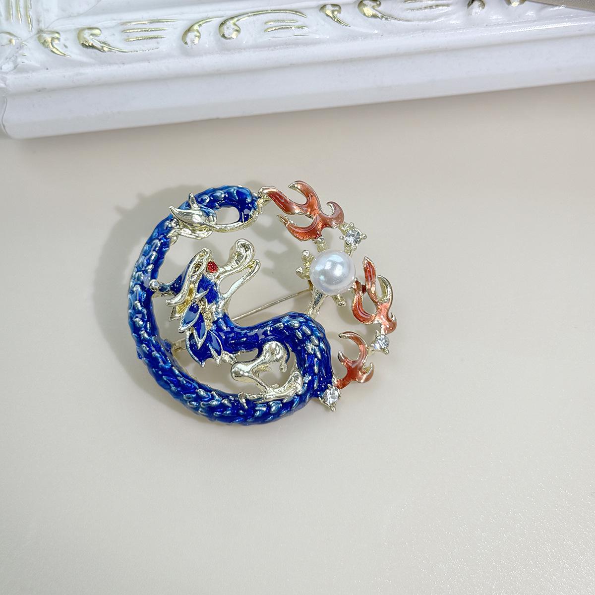 Retro Chinese Zodiac Dragon Brooch with Pearl  Diamond Inlay