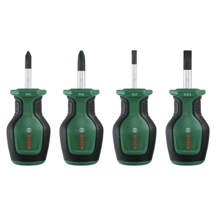 Bosch Set de 4 tournevis courts (compacts pour vissage dans espaces restreints ; embout magnétique)
