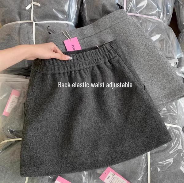 Women's Gray Wool Blend High Waist A-Line Short Skirt - Autumn Winter Petite Slimming Anti-Exposure Hip-Hugging Skirt