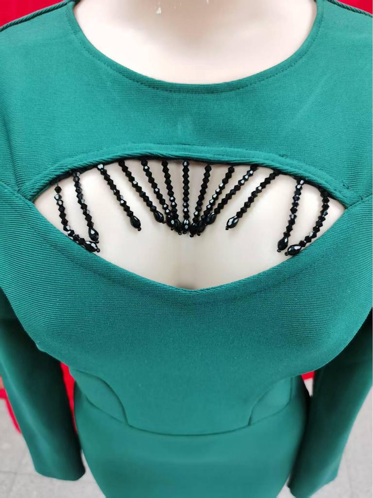 Damska Seksowna Sukienka Bandażowa z Koralikami i Długim Rękawem z Rozcięciem