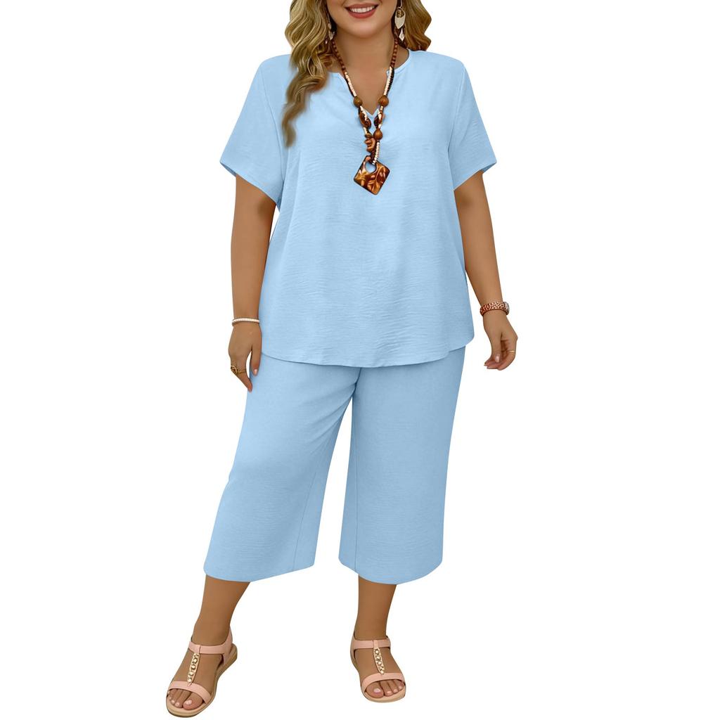 Women's 2,Piece Casual Color V Neck Short Sleeve Top And Wide Leg Pants Set