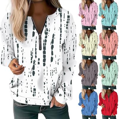 Women Casual Long Sleeve Basic Quarter Zipper  Print Flowers Pullover Sweatshirts Casual Top Fall Clothes