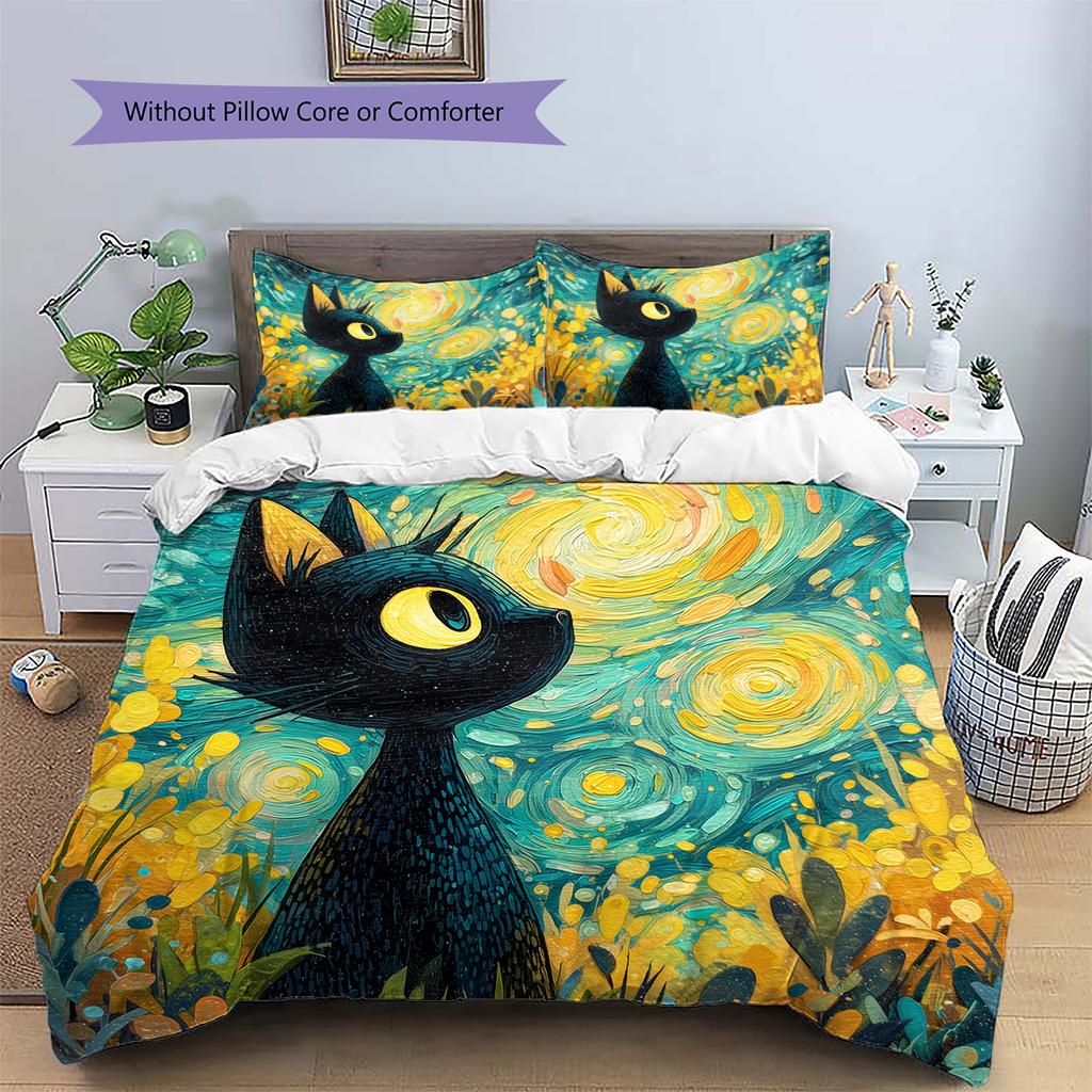 Starry Sky Black Cat  Pattern Bedding Quilt Set Quilt Cover Pillowcase Home Decoration  Gift (1 * Duvet Cover + 2 * Pillowcase, Without Core)