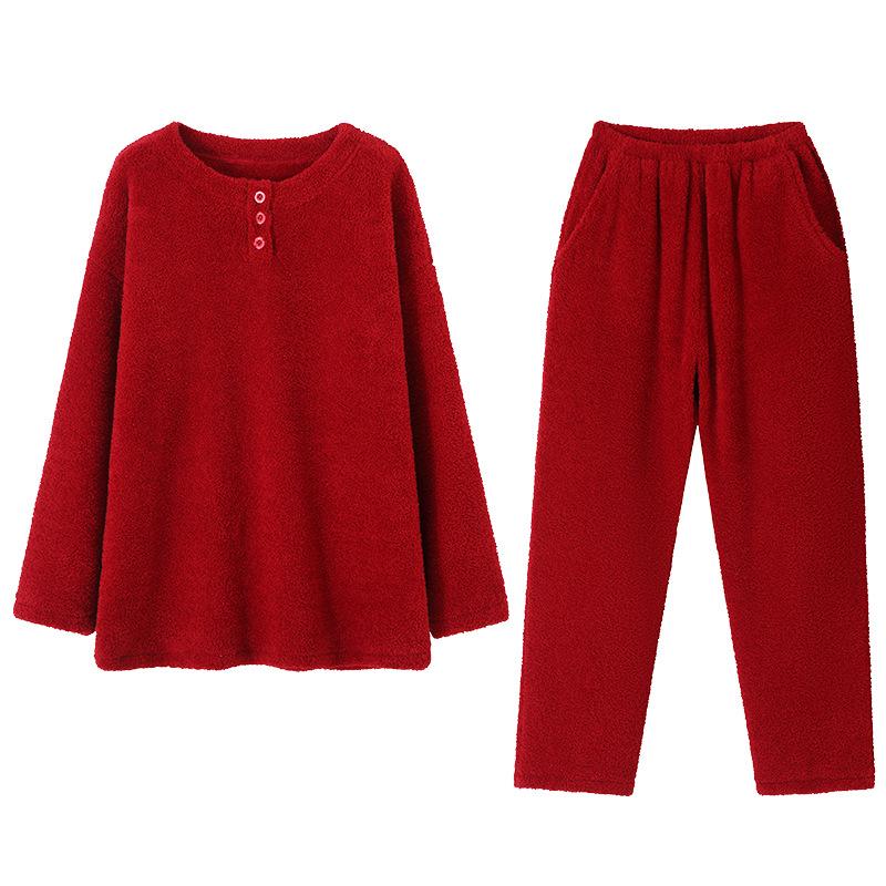 Half Fleece Pajamas Women'S Autumn And Winter Red Natal Year Coral Fleece Fleece Thickened Warm Loungewear Set
