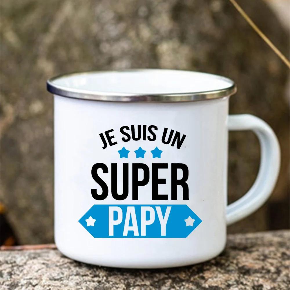 Super Papy Print Mugs Creative Coffee Cups Drink Water Tea Camping Cup Enamel Mug Outdoor Home Handle Drinkware Gift for Grandpa