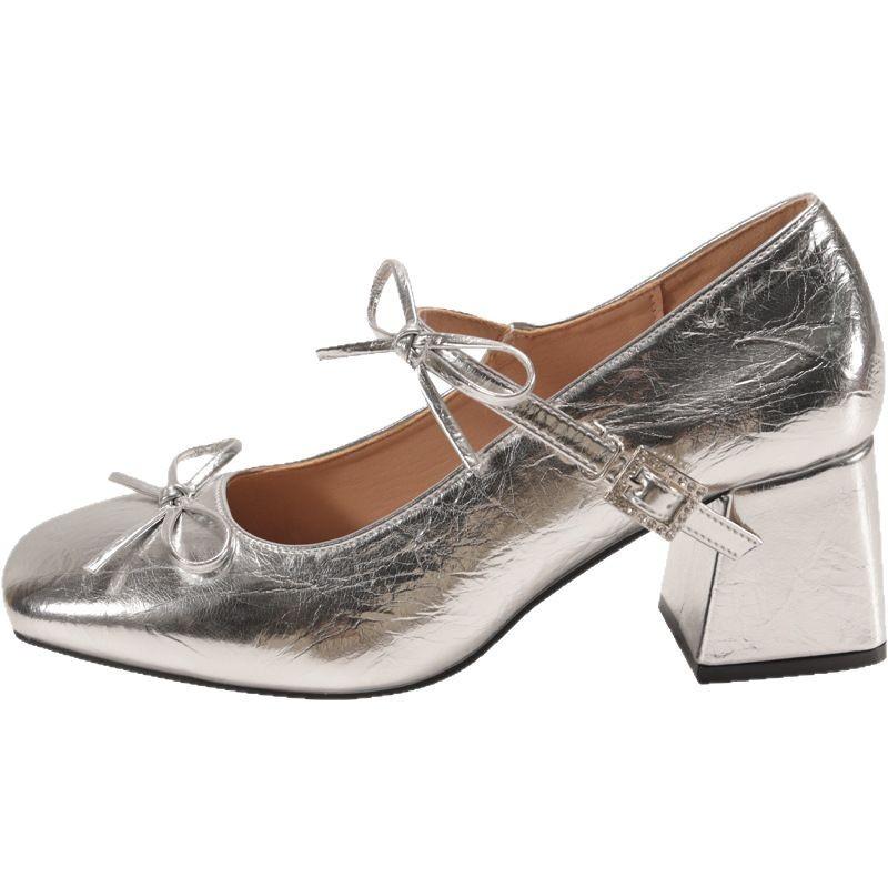 Fashion Temperament Retro Square Head Bow Thick Heel Light Mouth Single Shoes Women's New Spring and Summer Mary Jane High Heel Small Leather Shoes