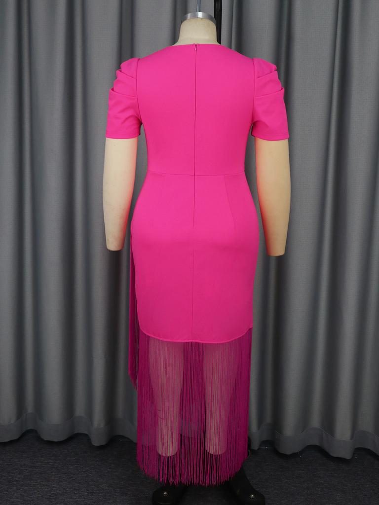 AOMEI Femei Roșu Franjuri Rochii Lungi Decolteu în V Mânecă Scurtă Talie Înaltă Pachet Șold Rochie Ciucuri Banchete de Seară