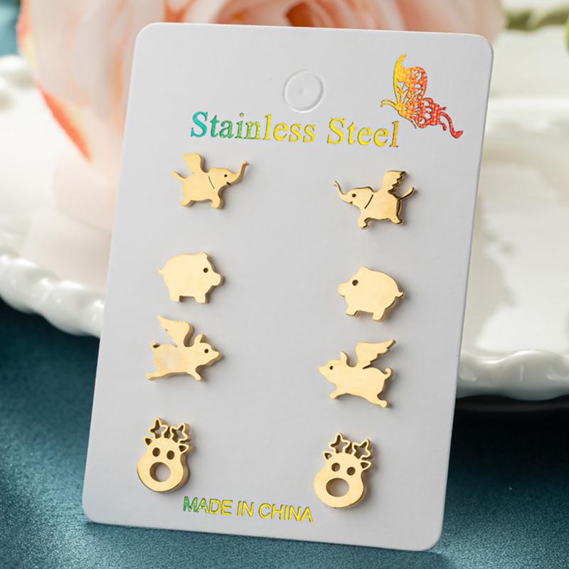 4Pairs/Lot Fashion Stainless Steel Star Moon Stud Earrings Sets for Women Small Flower Porker Dog Earings Jewelry Gift