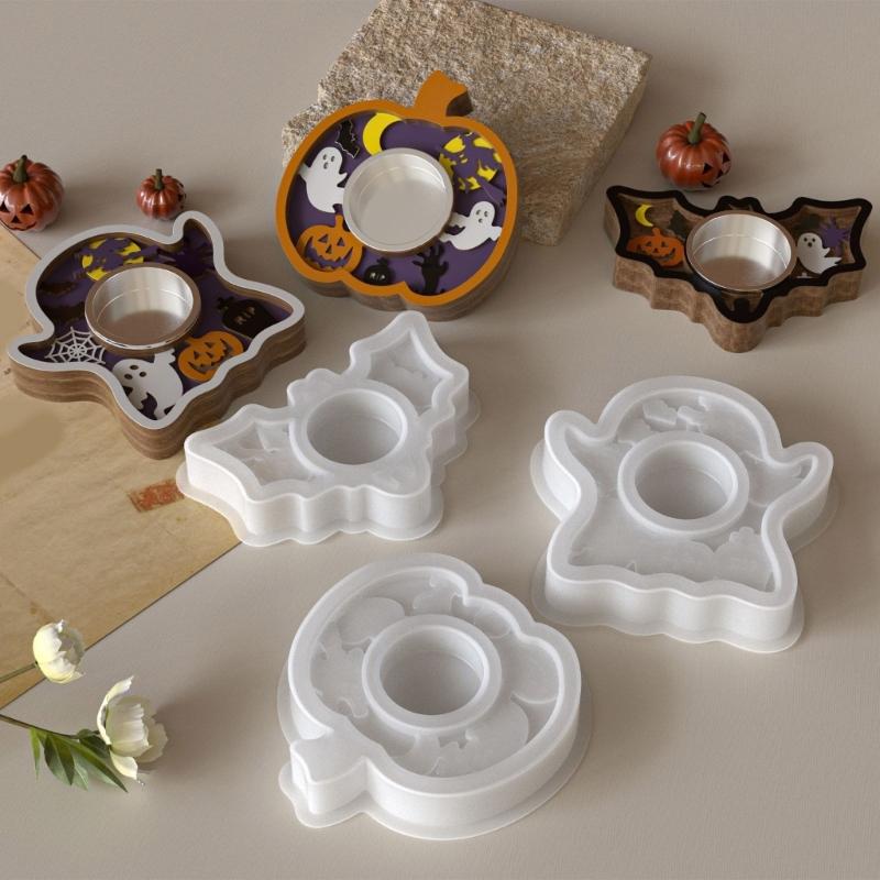 Reusable Silicone Crafting Mold For Festive Candle Base Featuring Halloween Pumpkin Bat And Specters Patterns