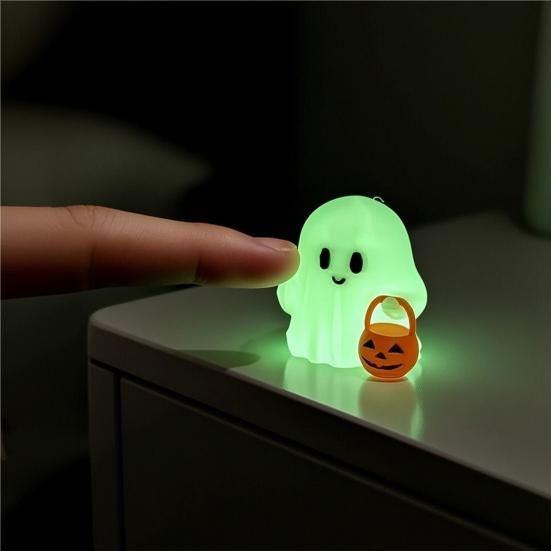 Halloween Ghost Pumpkin Statue, 3D Printed Glow In the Dark Figurine, Cute Mini Trick or Treat Candy Bucket Ornament for Desktop