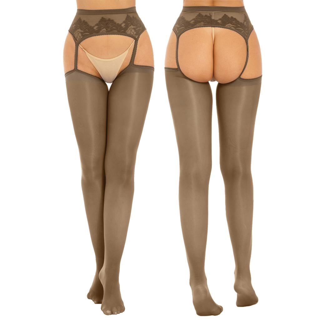 Womens Cutout Crotchless Pantyhose Floral Lace Patchwork Leggings One-Piece Garter Stockings