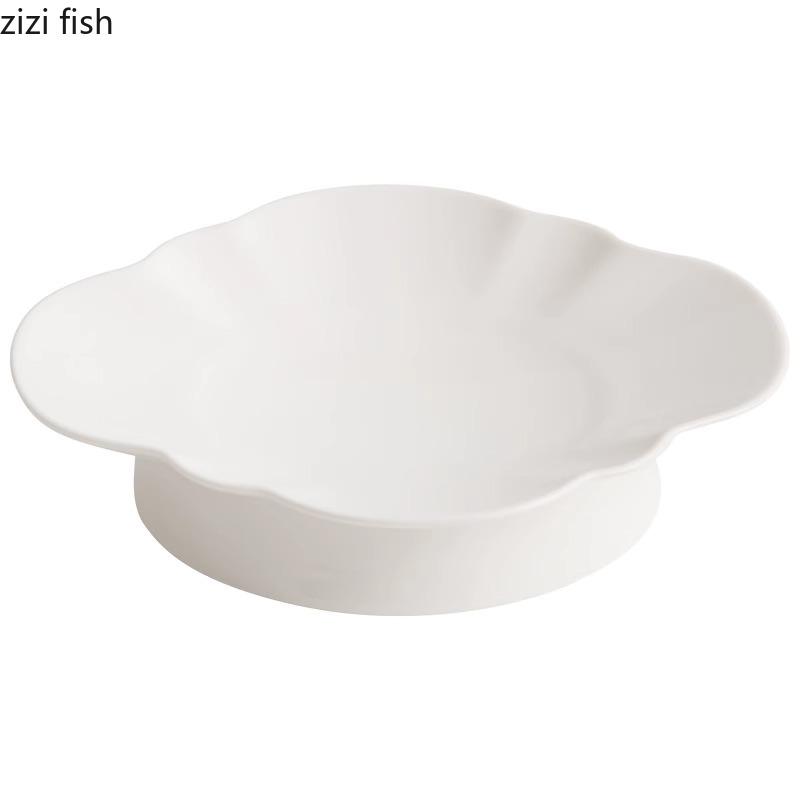 Pure White Flower Shaped High Footed Plate Ceramic Dessert Plate Sushi Plate Dim Sum Dish Molecular Cuisine Specialty Tableware