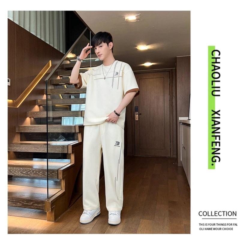 Men's 2-in-1 Summer Tracksuit Ice Silk Short Sleeve Tee Straight Pants Casual Streetwear Outfit