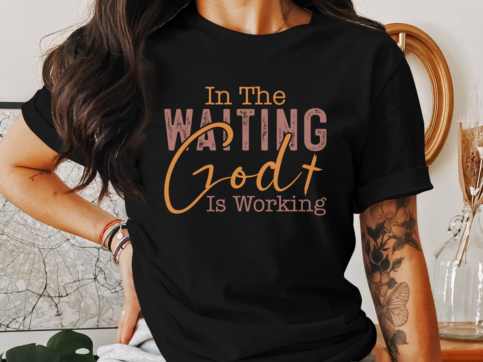 In The Waiting God Is Working T-Shirts, Christian Faith Shirts, Bible Verse Tee, Religious Gift, Inspirational Tee, Jesus God Belief Shirt L
