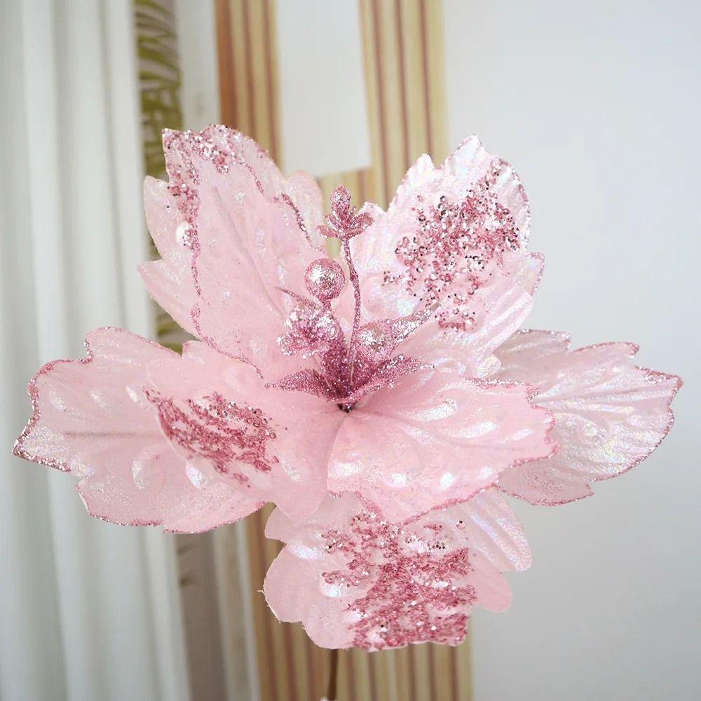 New 25CM Artificial Silk Flower Silk Pink Fabric Flower Arrangement Ins Style Sequin Decorating Flowers Christmas Tree
