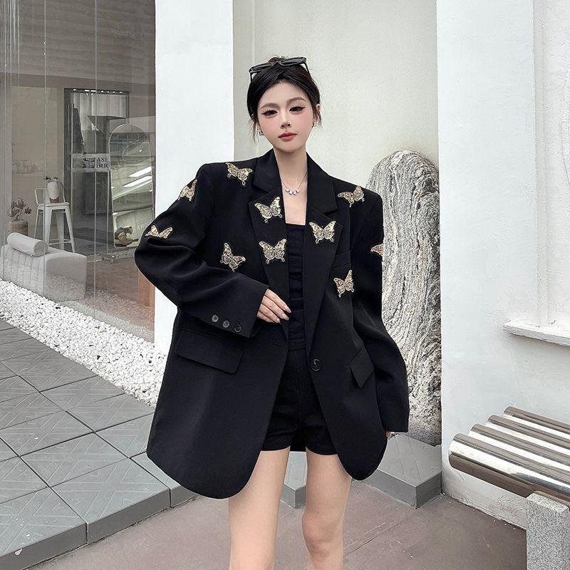 

High End Customized Elegant Temperament Women Blazer Spring Autumn Loose Shoulder Padded Three-dimensional Butterfly Decorated Designer Outerwear M чёрный