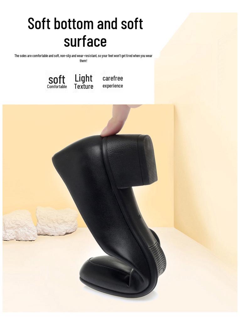 2025 Spring/Autumn Comfortable Soft Leather Chunky Heel Shoes for Women - Versatile for Middle-Aged and Elderly