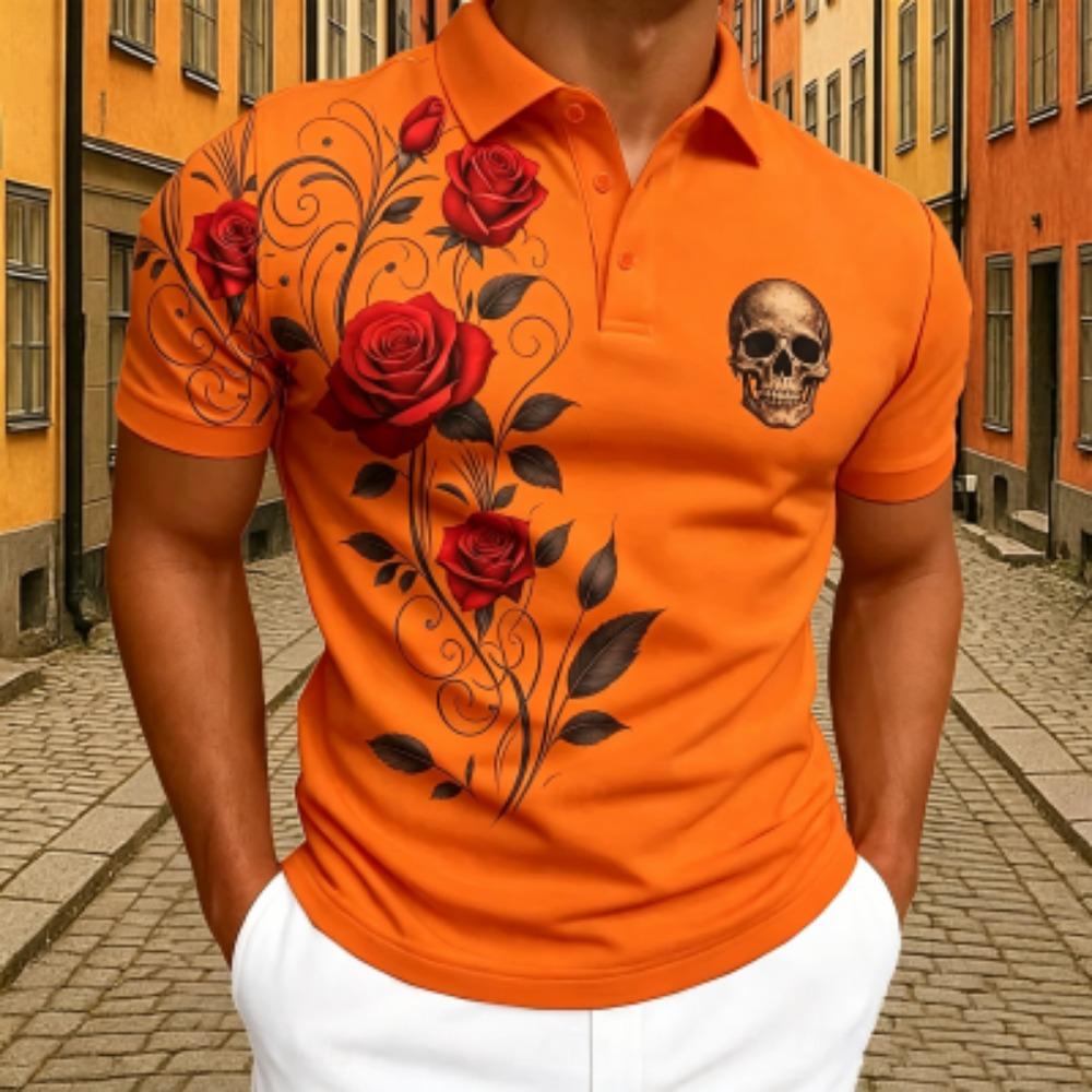 Fashion Skull Red Rose Floral Print Polo Shirt Men's Outdoor Street Short Sleeve Tees Top Summer Home Casual T-shirt Men's and Women's Polo Shirt