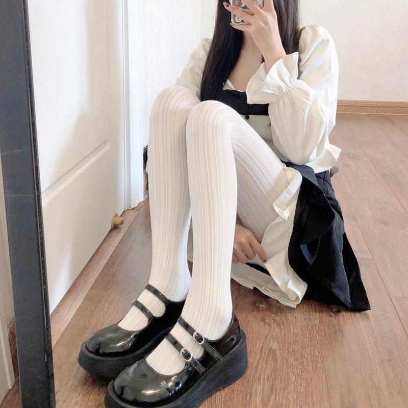 Grube białe rajstopy bazowe - Japoński słodki styl JK Mlecznobiałe i ecru grube pończochy dla kobiet