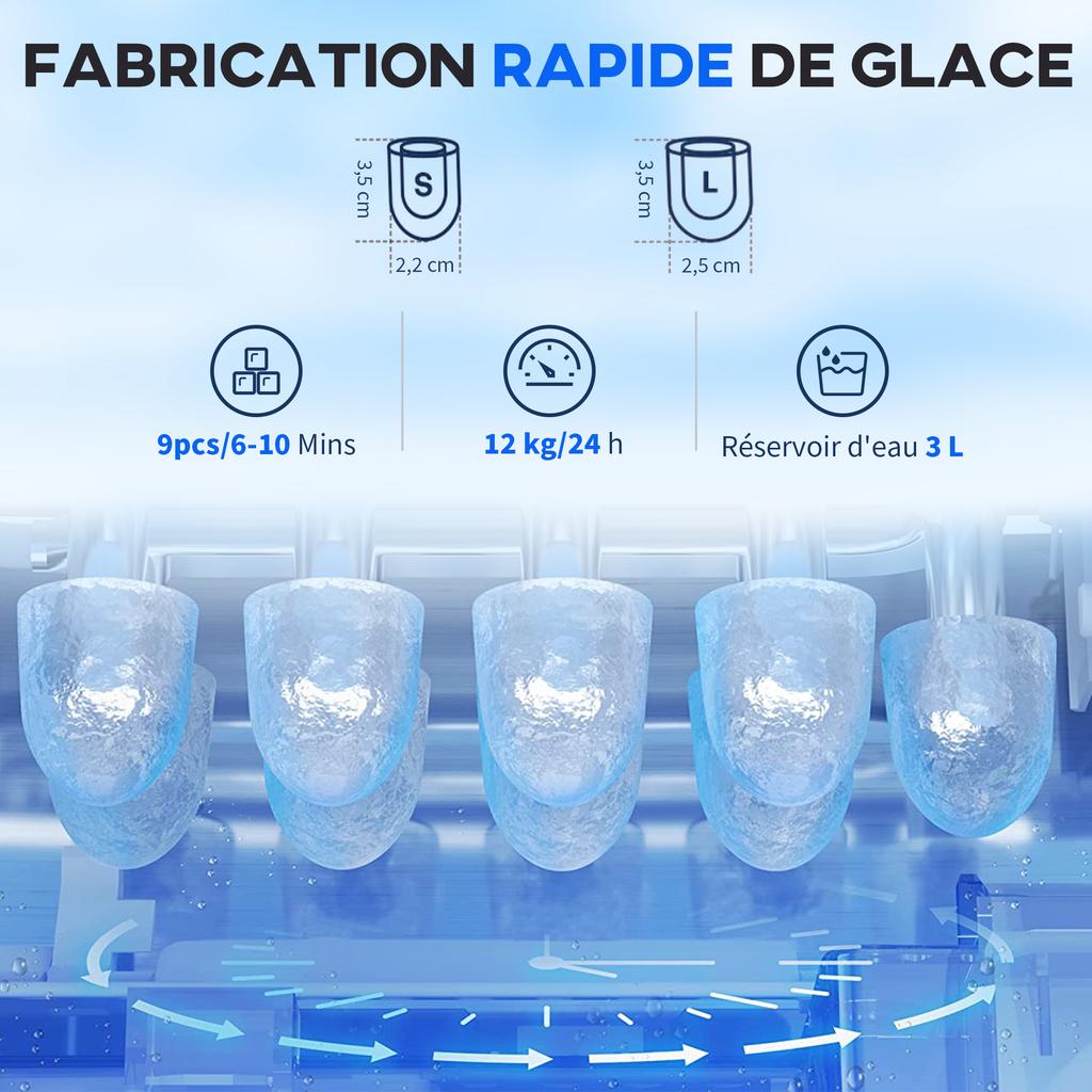 Ice Maker with Water Dispenser, Ice Maker, 12kg In 24h, 9 Ice Cubes In 6-10 Minutes, 25.2x38.9x36.3cm, Black